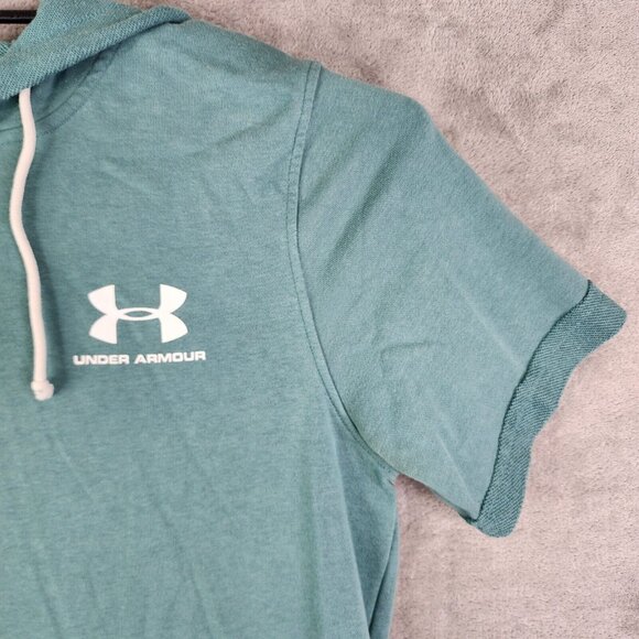 Mens Green Under Armour Short Sleeve Hoodie Shirt Modern Fit Gym Training Size M - Picture 3 of 12